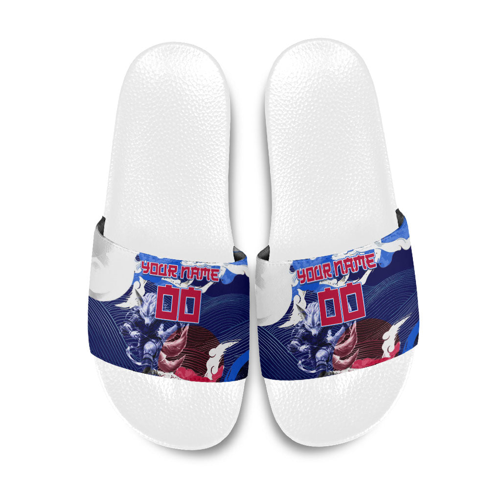 Personalized Japan Football Slide Sandals Kitsune Samurai Mascot - Traditional Wave Heritage