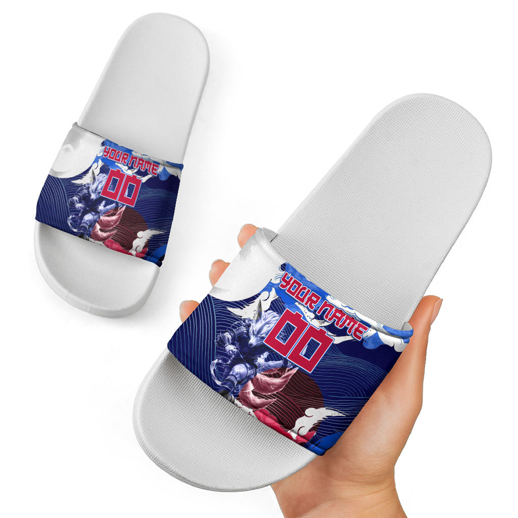 Personalized Japan Football Slide Sandals Kitsune Samurai Mascot - Traditional Wave Heritage