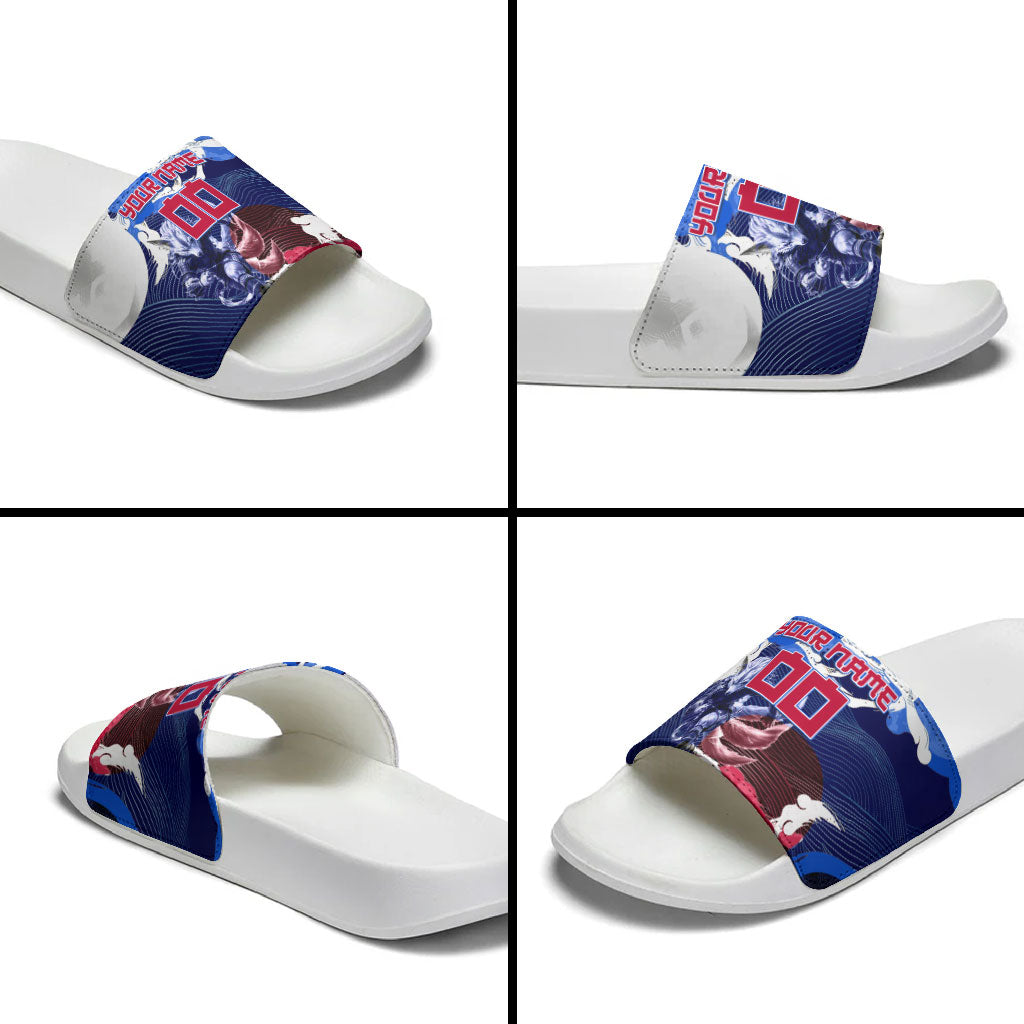 Personalized Japan Football Slide Sandals Kitsune Samurai Mascot - Traditional Wave Heritage