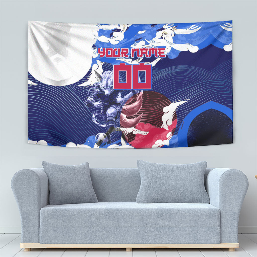Personalized Japan Football Tapestry Kitsune Samurai Mascot - Traditional Wave Heritage