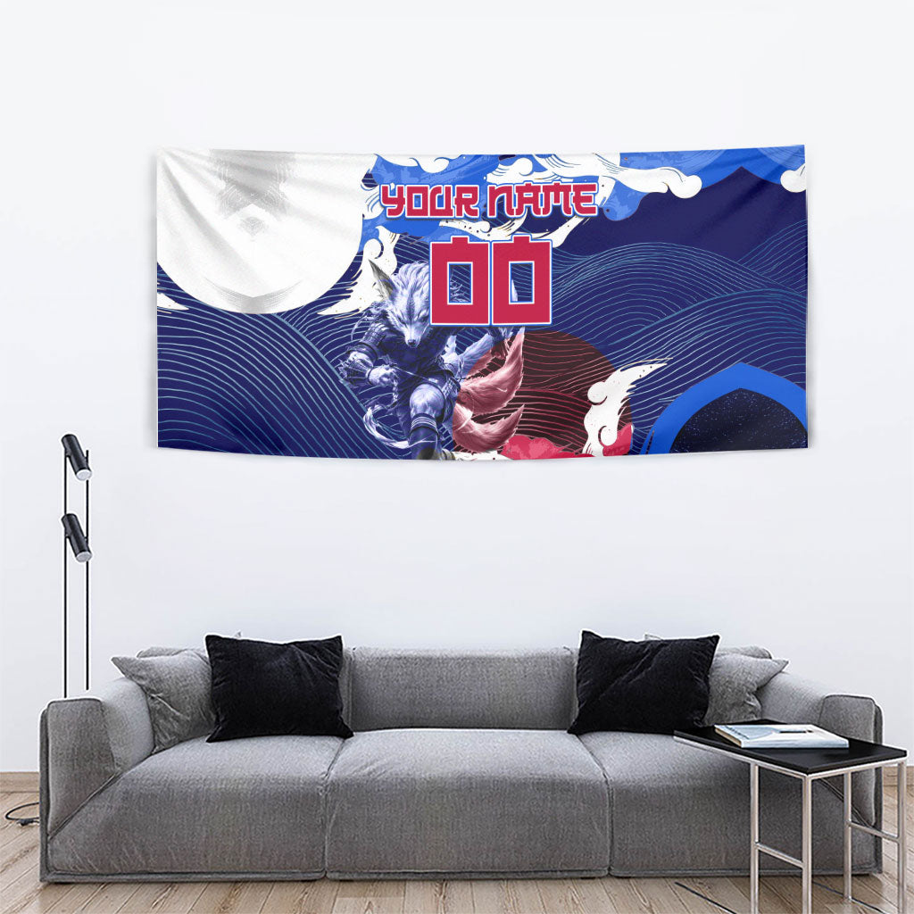 Personalized Japan Football Tapestry Kitsune Samurai Mascot - Traditional Wave Heritage