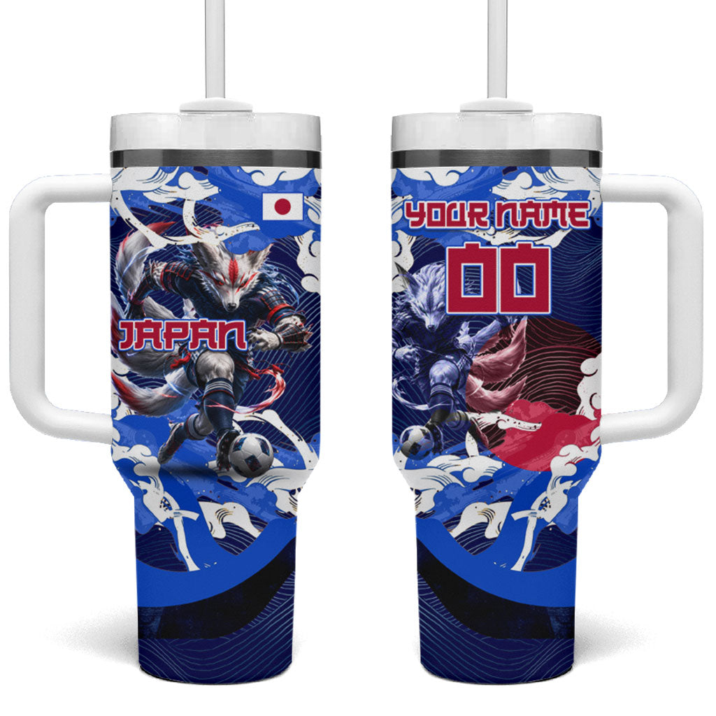 Personalized Japan Football Tumbler With Handle Kitsune Samurai Mascot - Traditional Wave Heritage
