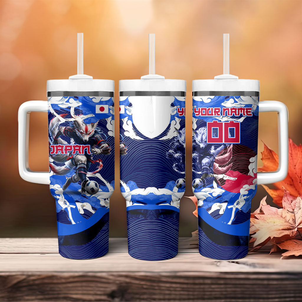 Personalized Japan Football Tumbler With Handle Kitsune Samurai Mascot - Traditional Wave Heritage
