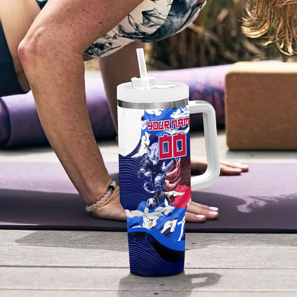 Personalized Japan Football Tumbler With Handle Kitsune Samurai Mascot - Traditional Wave Heritage