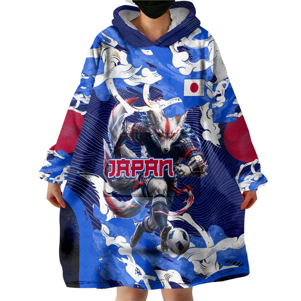 Personalized Japan Football Wearable Blanket Hoodie Kitsune Samurai Mascot - Traditional Wave Heritage