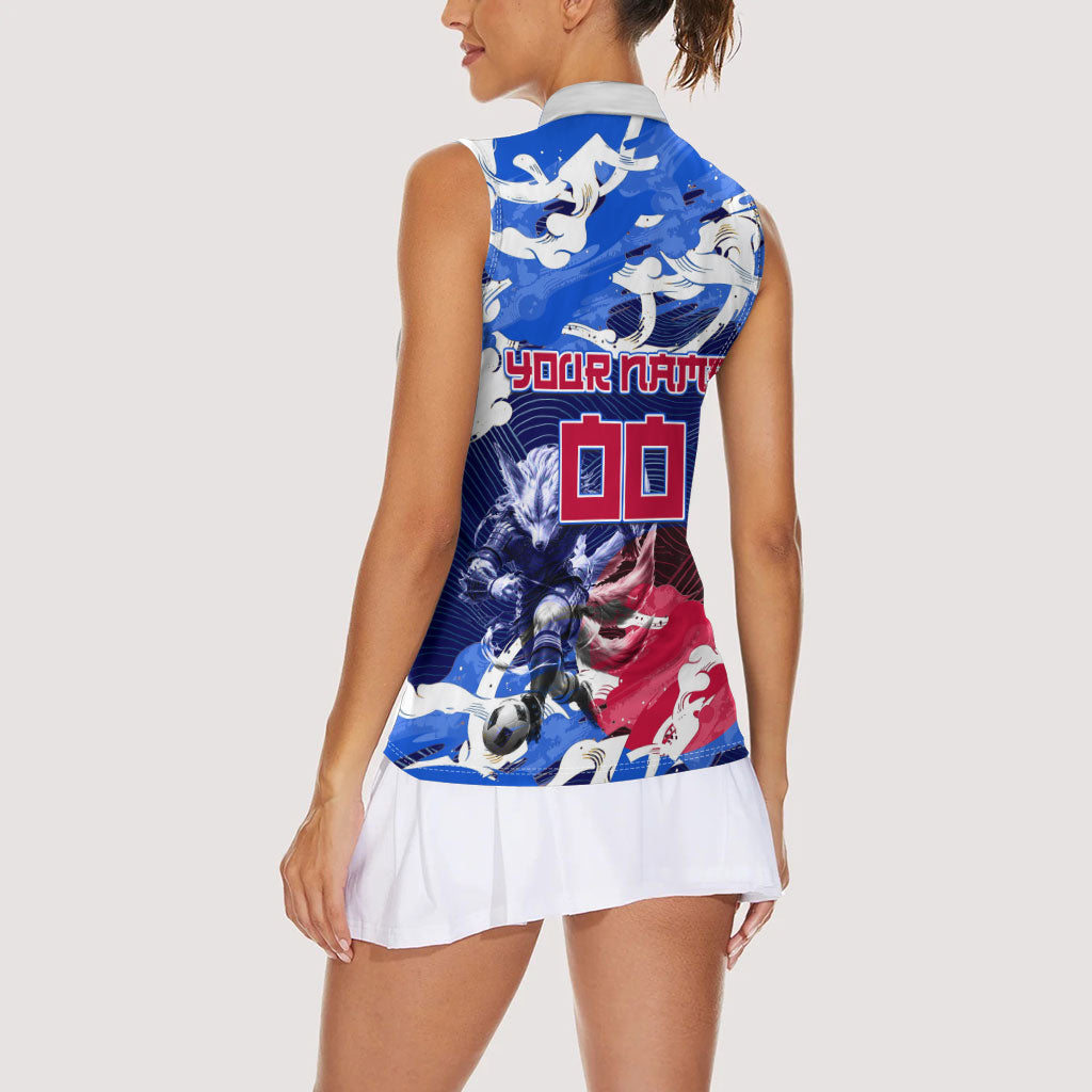 Personalized Japan Football Women Sleeveless Polo Shirt Kitsune Samurai Mascot - Traditional Wave Heritage