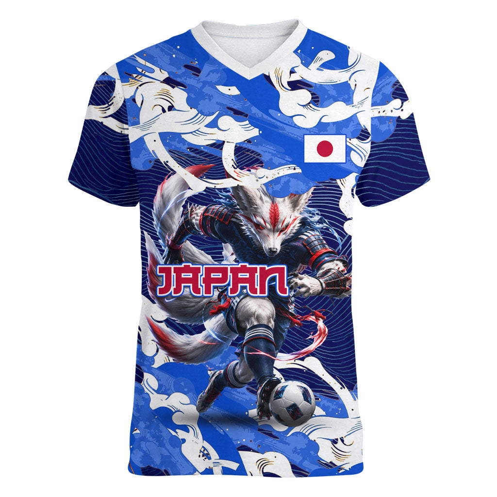 Personalized Japan Football Women V-Neck T-Shirt Kitsune Samurai Mascot - Traditional Wave Heritage