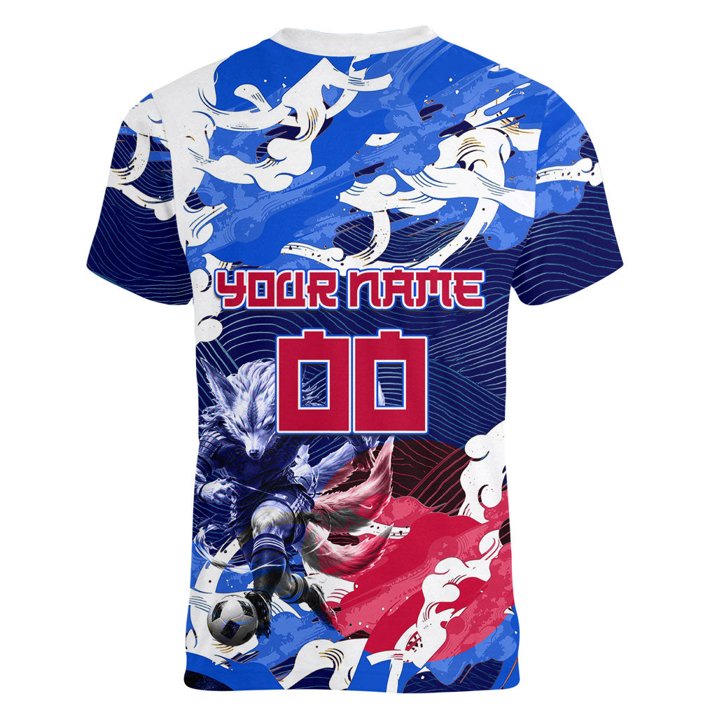 Personalized Japan Football Women V-Neck T-Shirt Kitsune Samurai Mascot - Traditional Wave Heritage