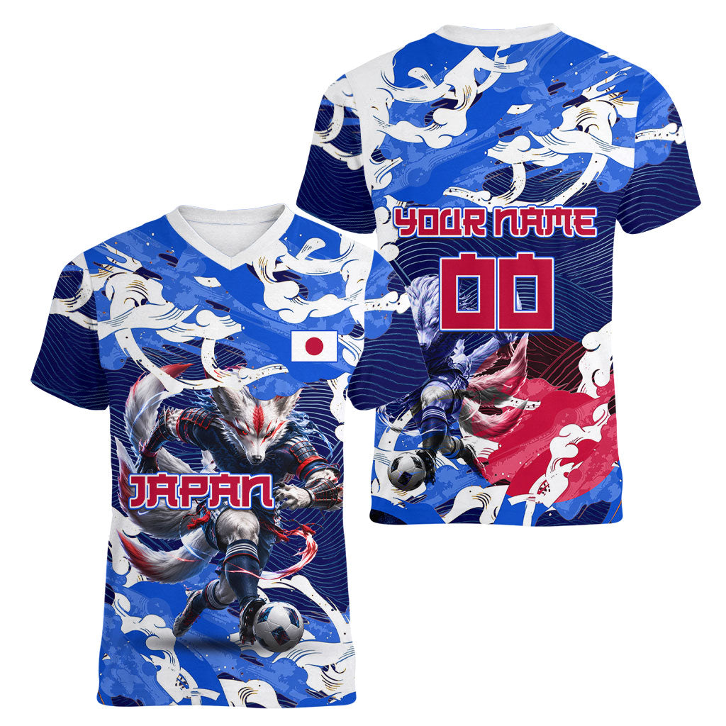 Personalized Japan Football Women V-Neck T-Shirt Kitsune Samurai Mascot - Traditional Wave Heritage