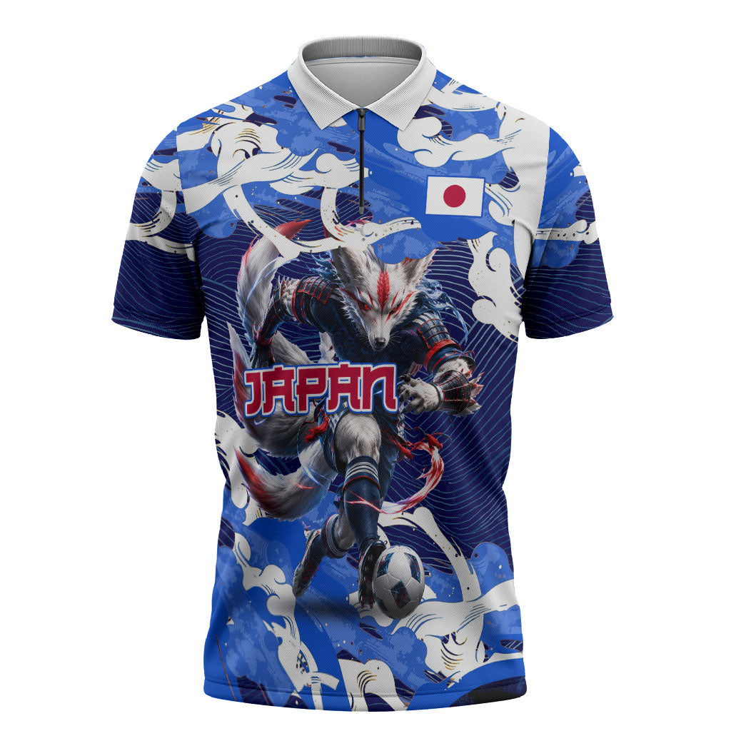 Personalized Japan Football Zipper Polo Shirt Kitsune Samurai Mascot - Traditional Wave Heritage
