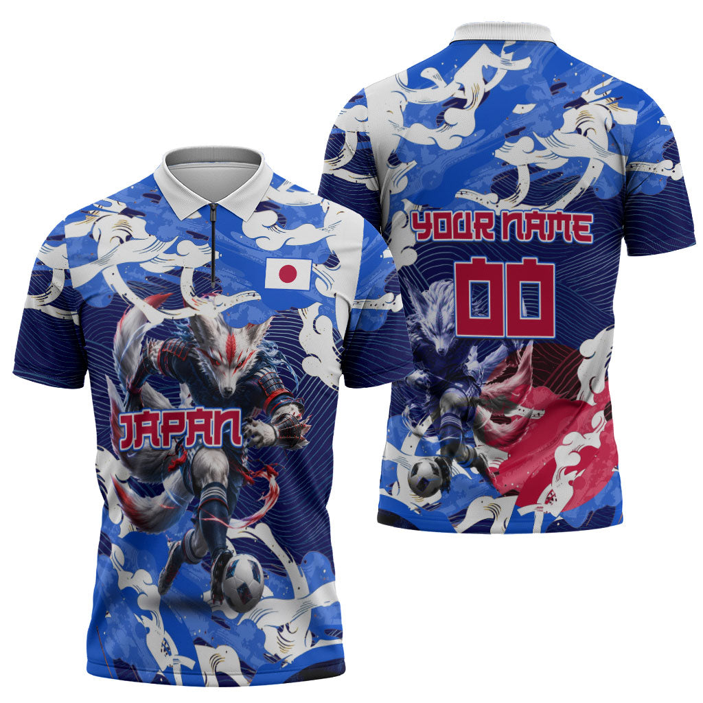 Personalized Japan Football Zipper Polo Shirt Kitsune Samurai Mascot - Traditional Wave Heritage