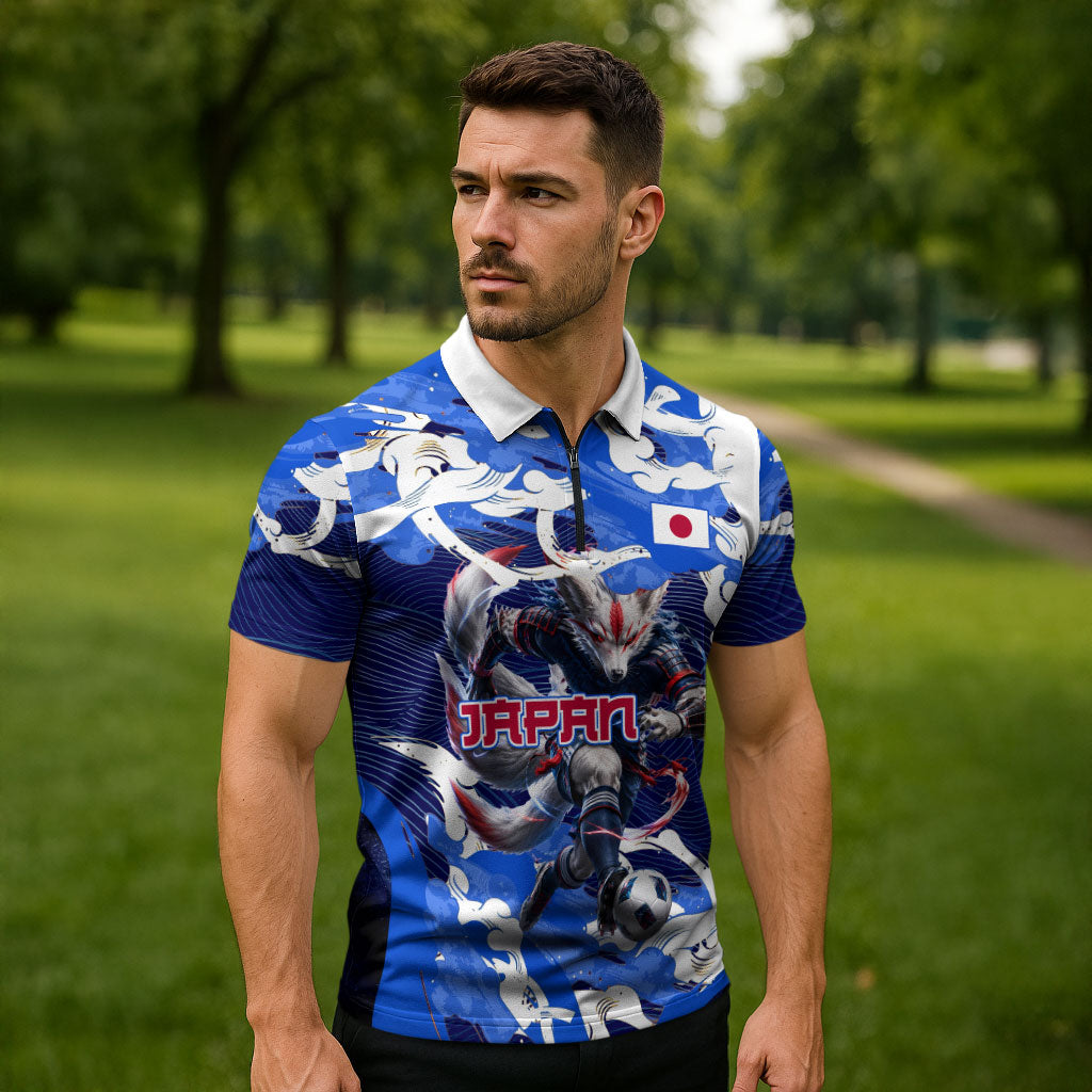 Personalized Japan Football Zipper Polo Shirt Kitsune Samurai Mascot - Traditional Wave Heritage