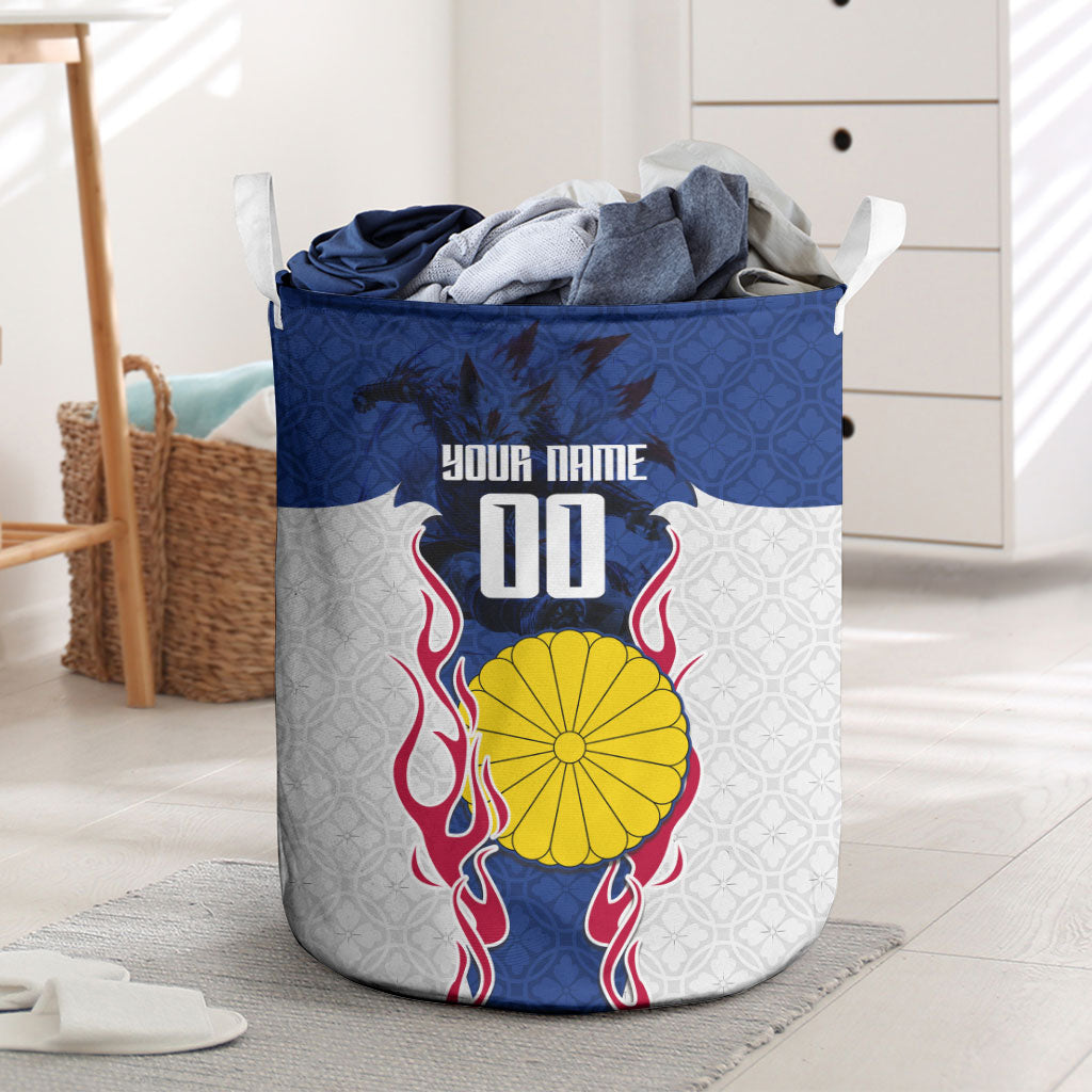 Personalized Japan Football Kitsune Mascot Laundry Basket Samurai Blue Chrysanthemum Flame