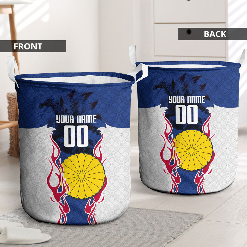 Personalized Japan Football Kitsune Mascot Laundry Basket Samurai Blue Chrysanthemum Flame