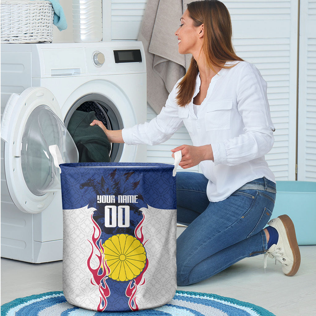 Personalized Japan Football Kitsune Mascot Laundry Basket Samurai Blue Chrysanthemum Flame