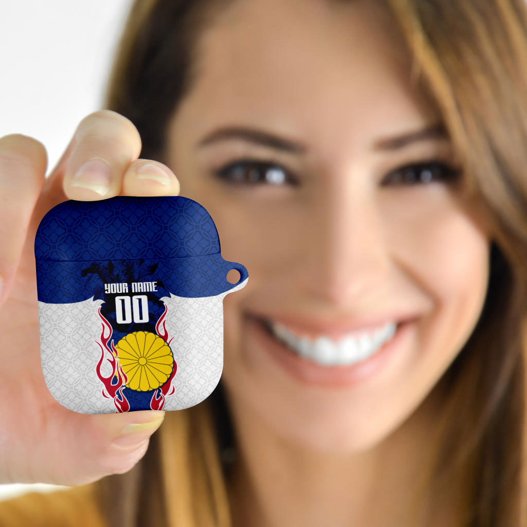 Personalized Japan Football Kitsune Mascot AirPods Case Samurai Blue Chrysanthemum Flame