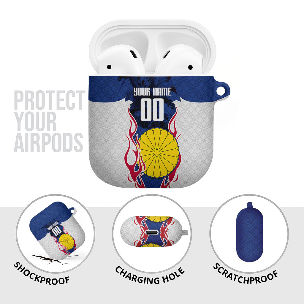 Personalized Japan Football Kitsune Mascot AirPods Case Samurai Blue Chrysanthemum Flame