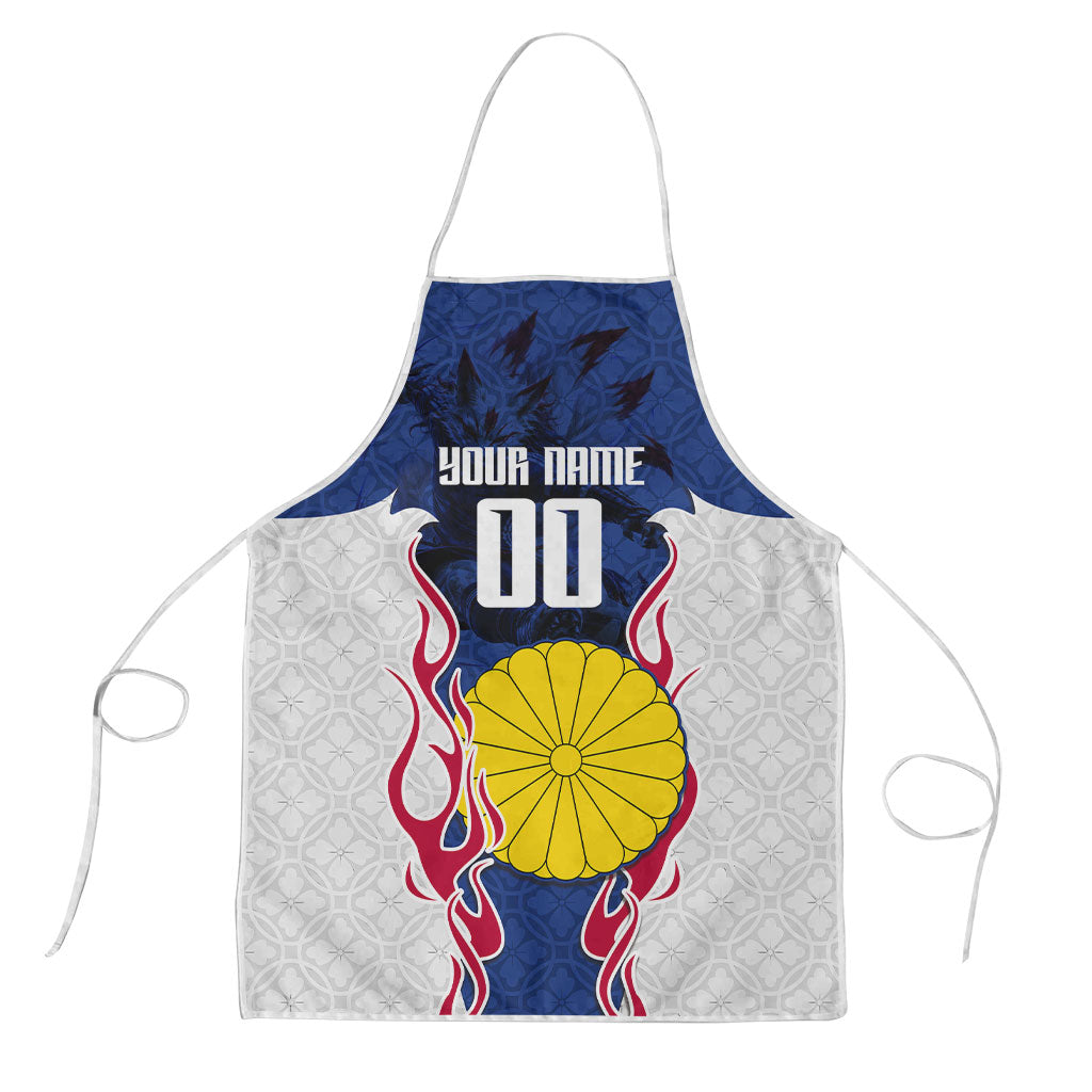 Personalized Japan Football Kitsune Mascot Apron Samurai Blue Chrysanthemum Flame