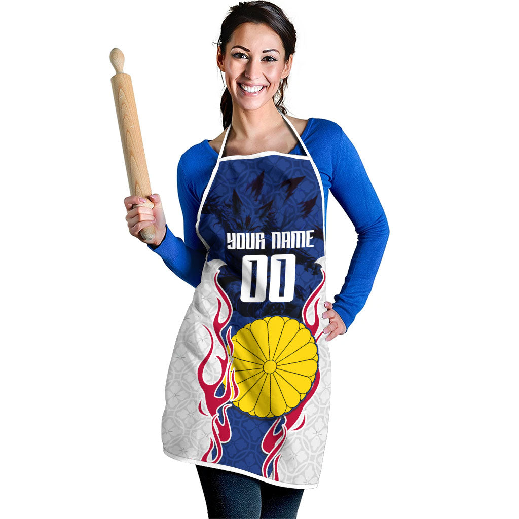 Personalized Japan Football Kitsune Mascot Apron Samurai Blue Chrysanthemum Flame