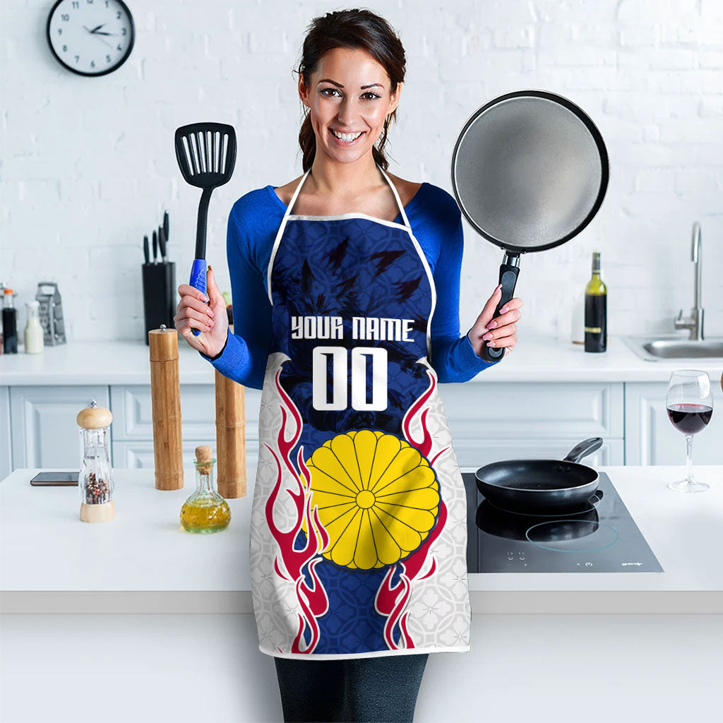 Personalized Japan Football Kitsune Mascot Apron Samurai Blue Chrysanthemum Flame
