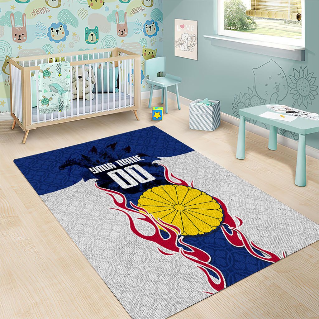 Personalized Japan Football Kitsune Mascot Area Rug Samurai Blue Chrysanthemum Flame