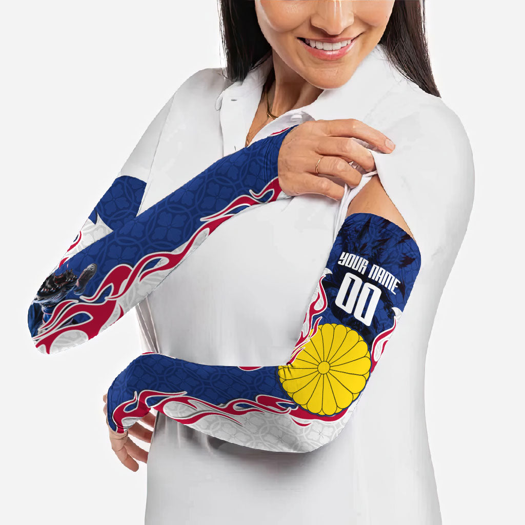 Personalized Japan Football Kitsune Mascot Arm Sleeves Samurai Blue Chrysanthemum Flame