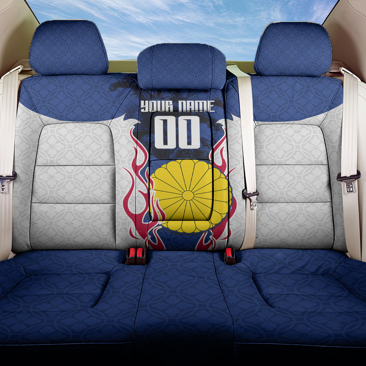 Personalized Japan Football Kitsune Mascot Back Car Seat Cover Samurai Blue Chrysanthemum Flame
