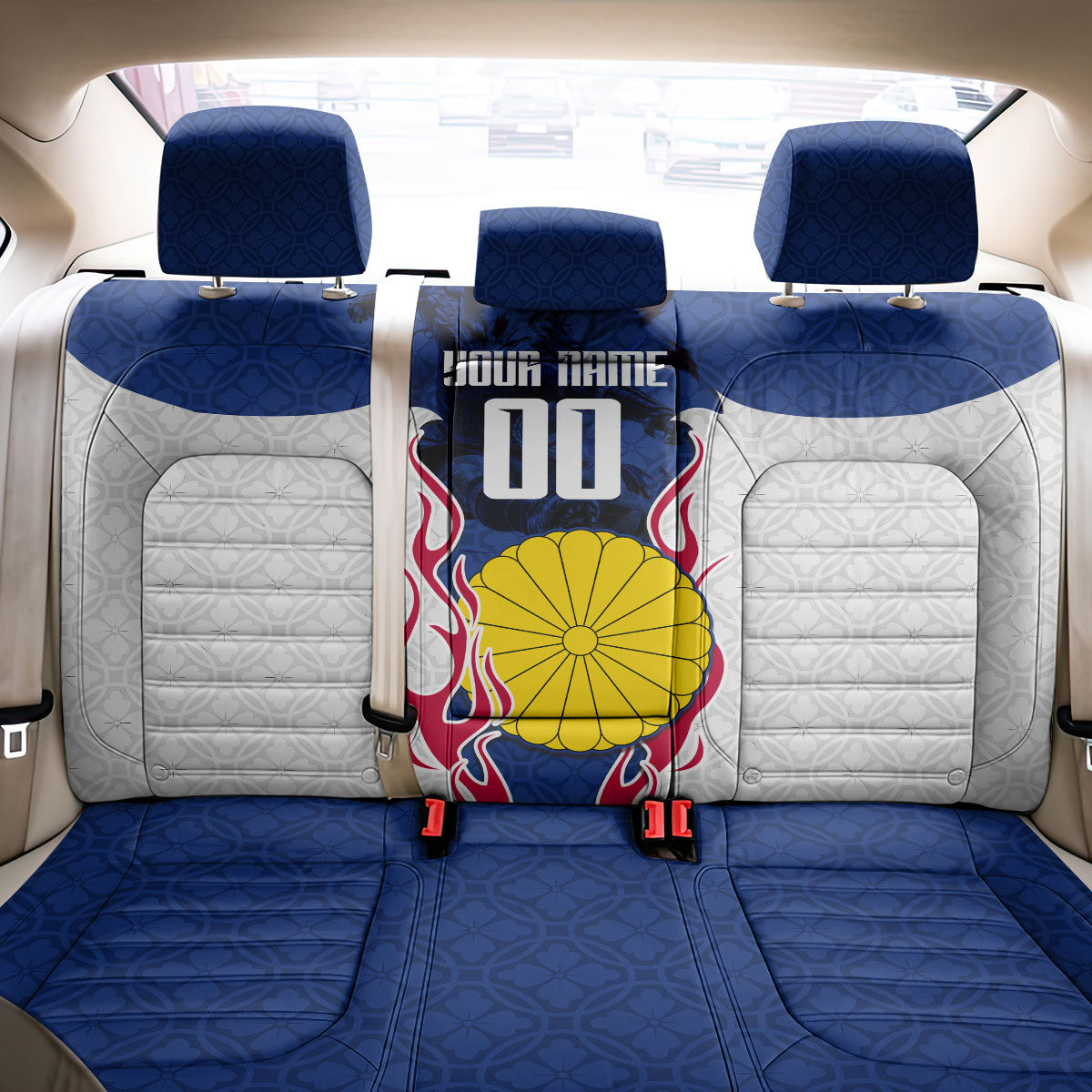 Personalized Japan Football Kitsune Mascot Back Car Seat Cover Samurai Blue Chrysanthemum Flame