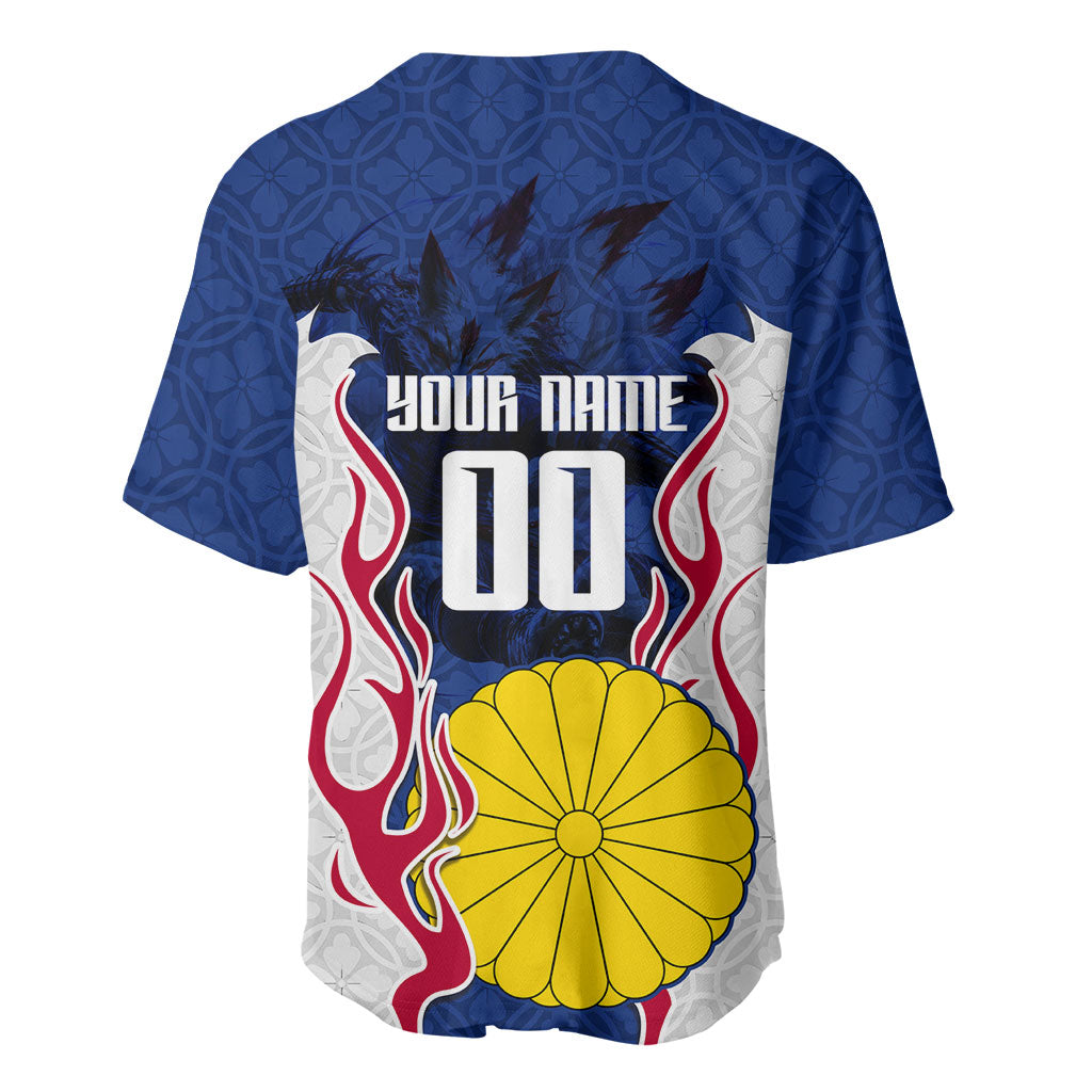 Personalized Japan Football Kitsune Mascot Baseball Jersey Samurai Blue Chrysanthemum Flame