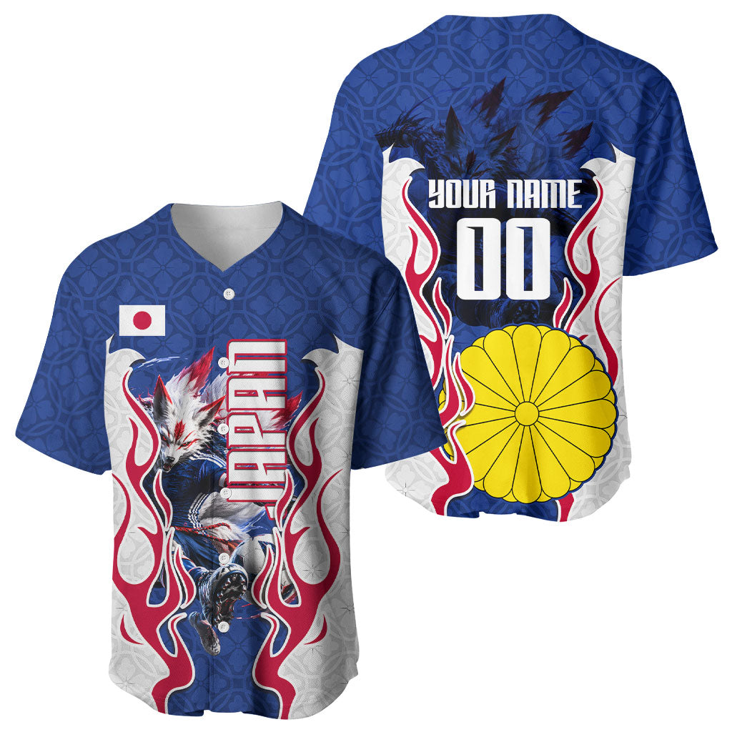 Personalized Japan Football Kitsune Mascot Baseball Jersey Samurai Blue Chrysanthemum Flame