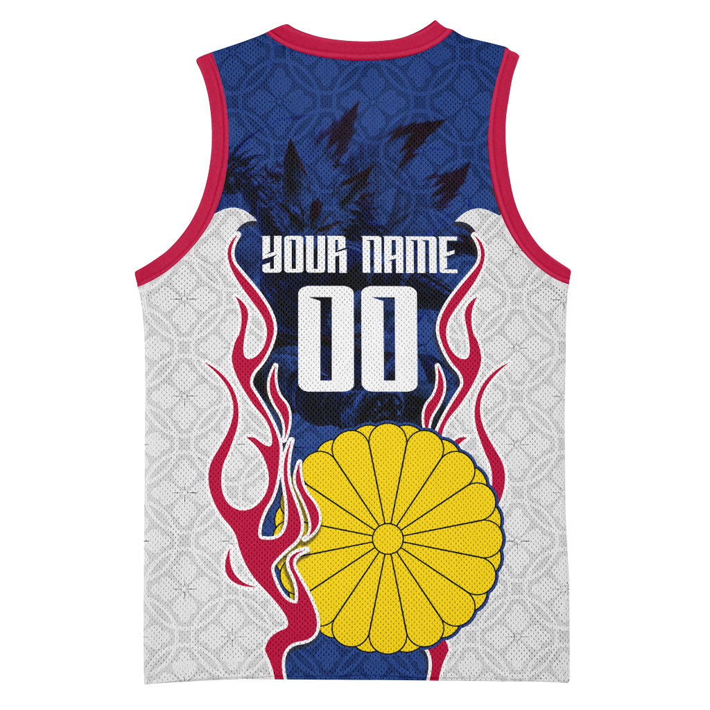 Personalized Japan Football Kitsune Mascot Basketball Jersey Samurai Blue Chrysanthemum Flame