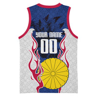 Personalized Japan Football Kitsune Mascot Basketball Jersey Samurai Blue Chrysanthemum Flame
