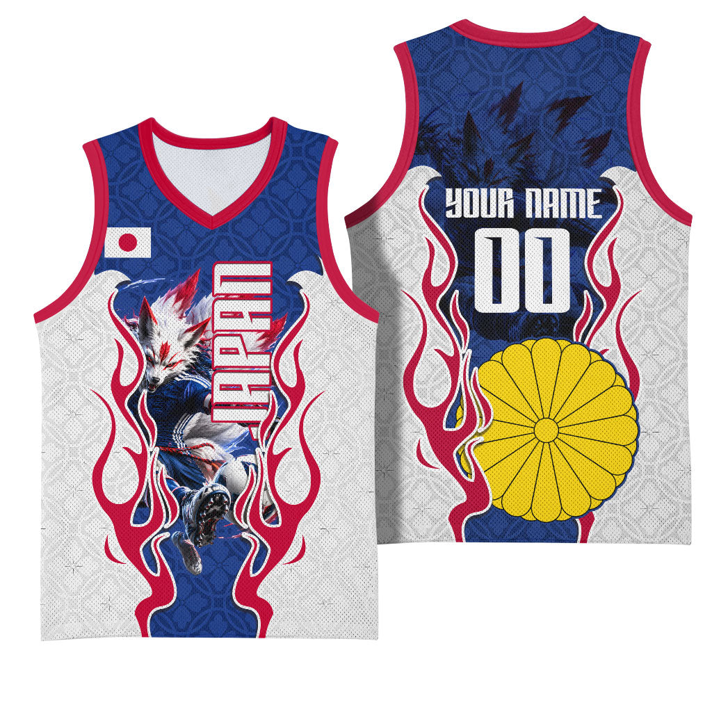 Personalized Japan Football Kitsune Mascot Basketball Jersey Samurai Blue Chrysanthemum Flame