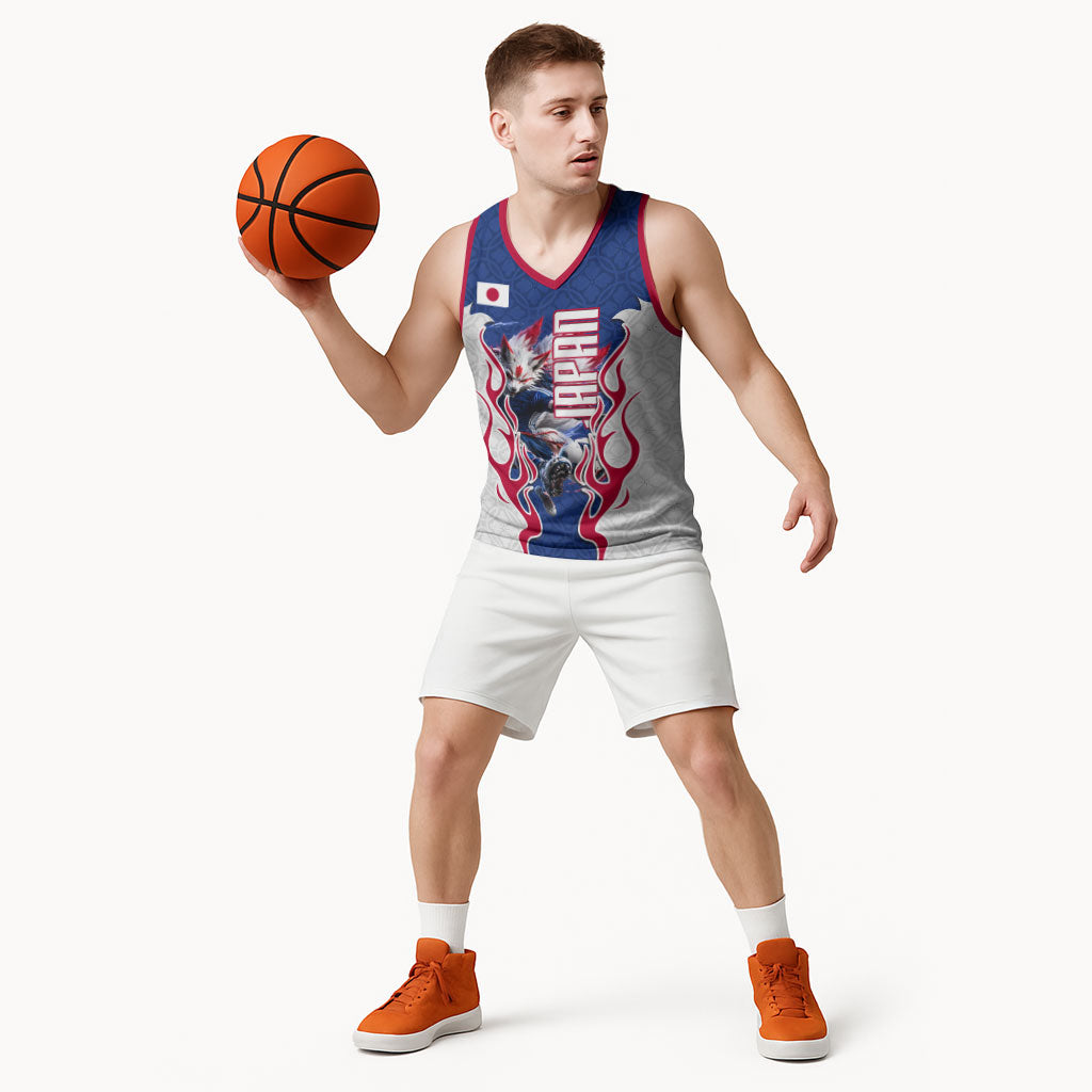 Personalized Japan Football Kitsune Mascot Basketball Jersey Samurai Blue Chrysanthemum Flame