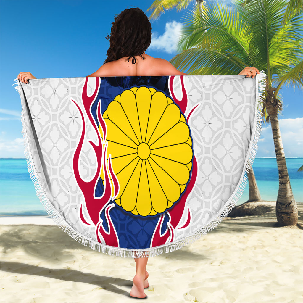 Personalized Japan Football Kitsune Mascot Beach Blanket Samurai Blue Chrysanthemum Flame