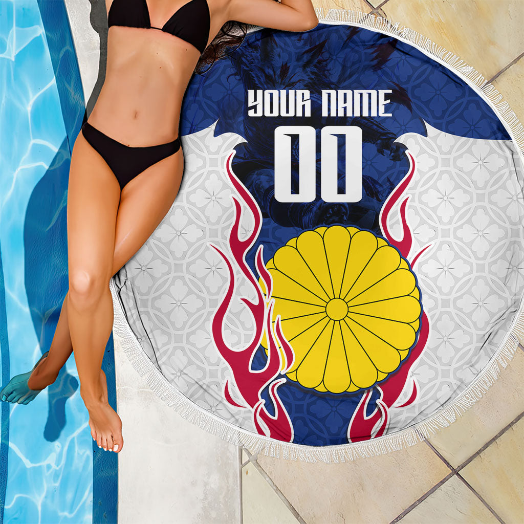 Personalized Japan Football Kitsune Mascot Beach Blanket Samurai Blue Chrysanthemum Flame