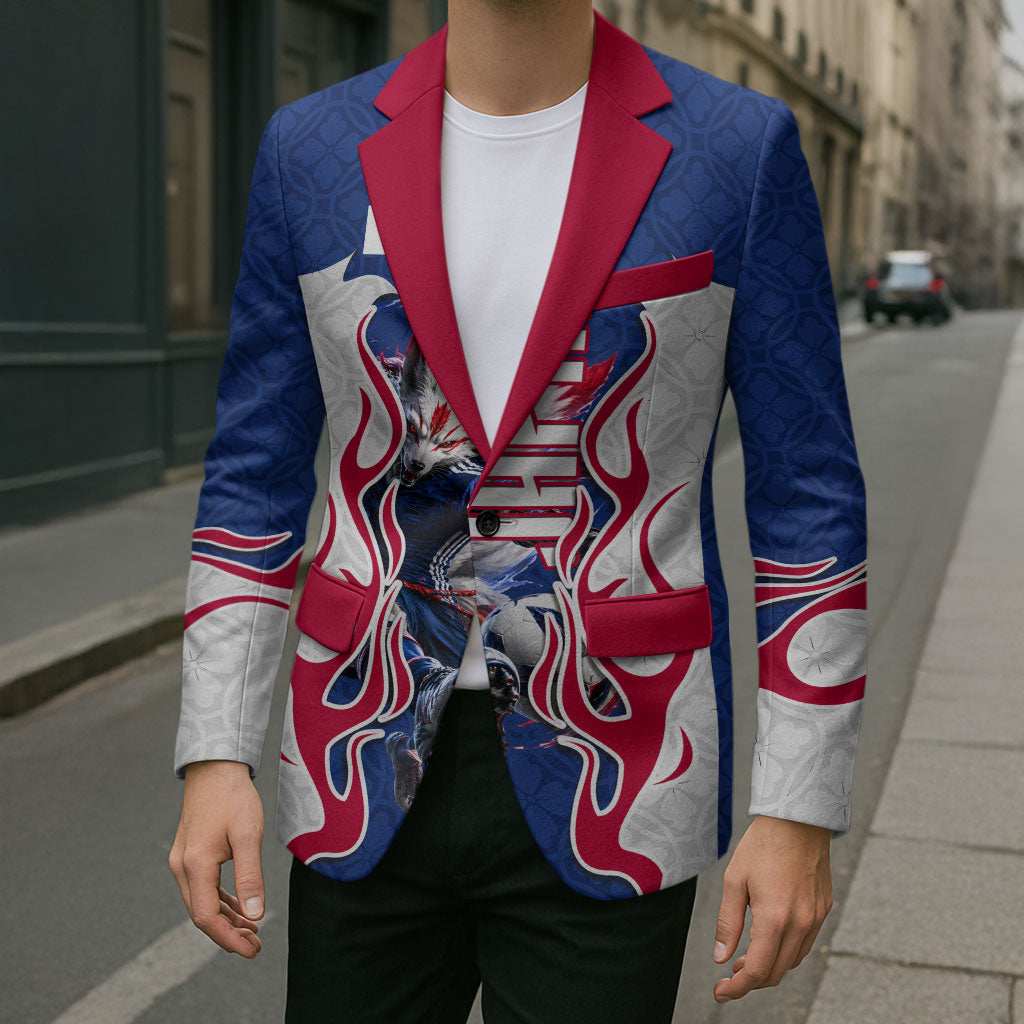 Personalized Japan Football Kitsune Mascot Blazer Samurai Blue Chrysanthemum Flame