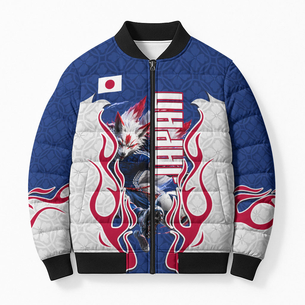 Personalized Japan Football Kitsune Mascot Bomber Puffer Jacket Samurai Blue Chrysanthemum Flame