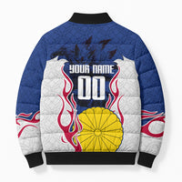 Personalized Japan Football Kitsune Mascot Bomber Puffer Jacket Samurai Blue Chrysanthemum Flame