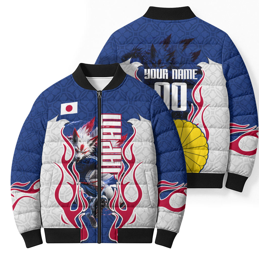 Personalized Japan Football Kitsune Mascot Bomber Puffer Jacket Samurai Blue Chrysanthemum Flame