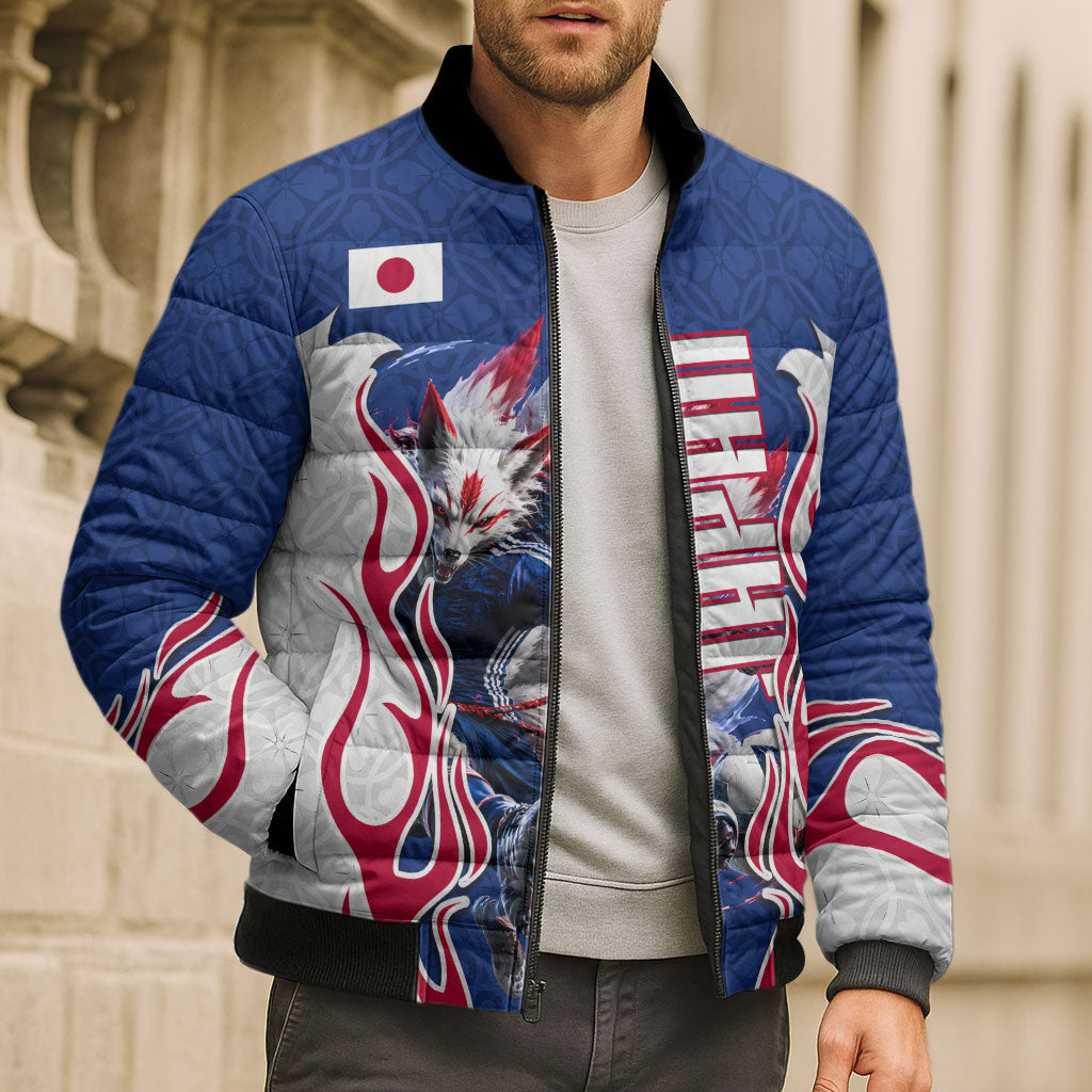 Personalized Japan Football Kitsune Mascot Bomber Puffer Jacket Samurai Blue Chrysanthemum Flame