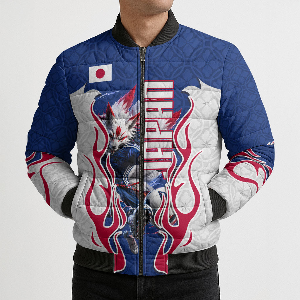 Personalized Japan Football Kitsune Mascot Bomber Puffer Jacket Samurai Blue Chrysanthemum Flame
