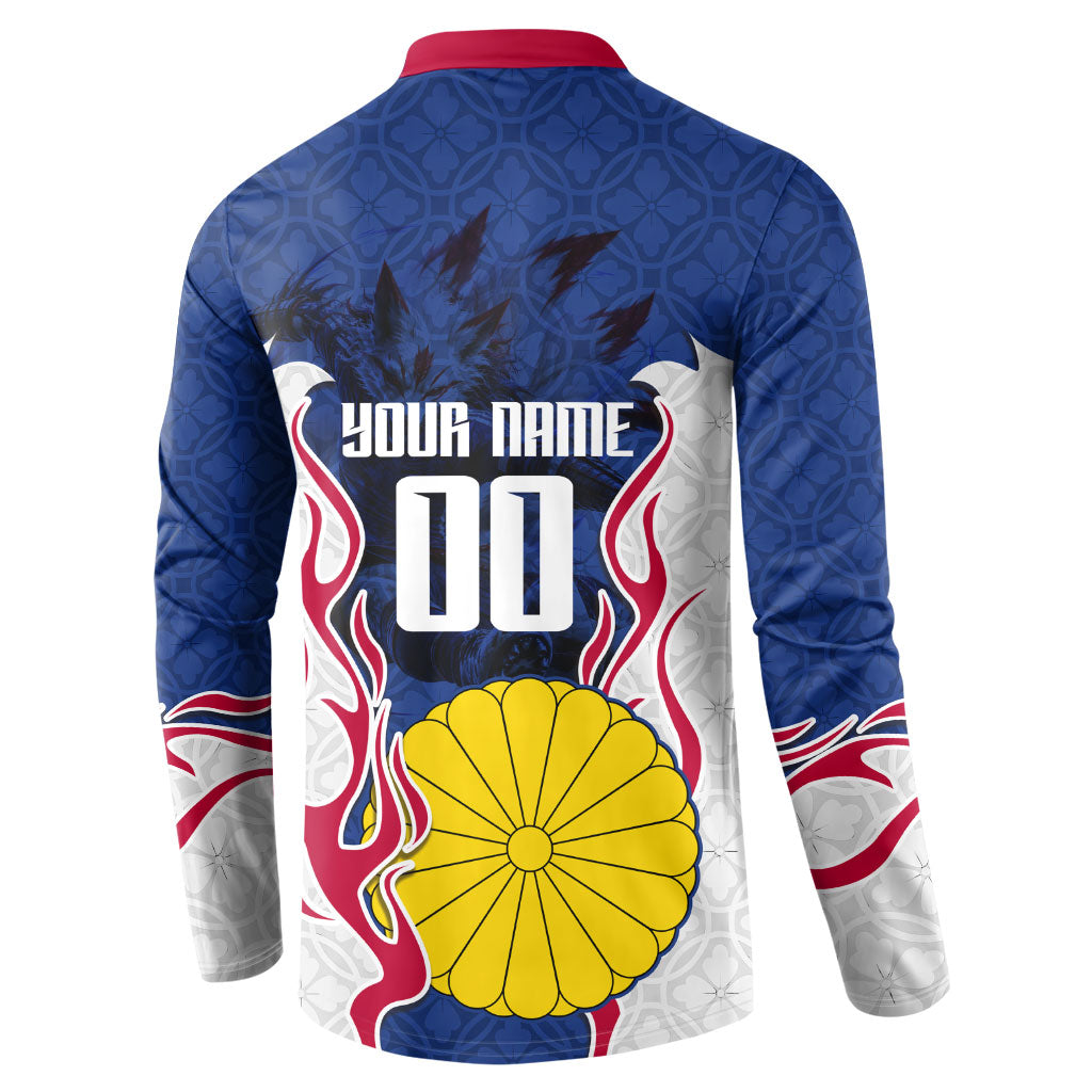 Personalized Japan Football Kitsune Mascot Button Sweatshirt Samurai Blue Chrysanthemum Flame