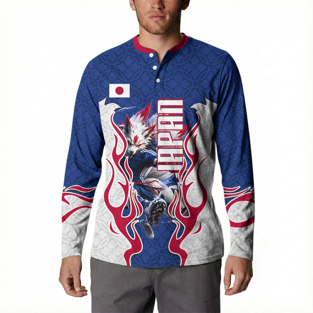 Personalized Japan Football Kitsune Mascot Button Sweatshirt Samurai Blue Chrysanthemum Flame