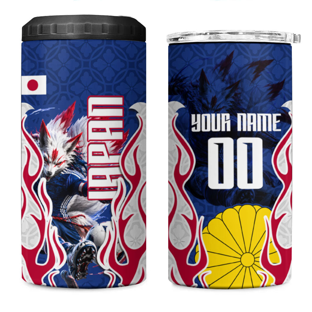 Personalized Japan Football Kitsune Mascot 4 in 1 Can Cooler Tumbler Samurai Blue Chrysanthemum Flame