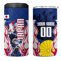 Personalized Japan Football Kitsune Mascot 4 in 1 Can Cooler Tumbler Samurai Blue Chrysanthemum Flame