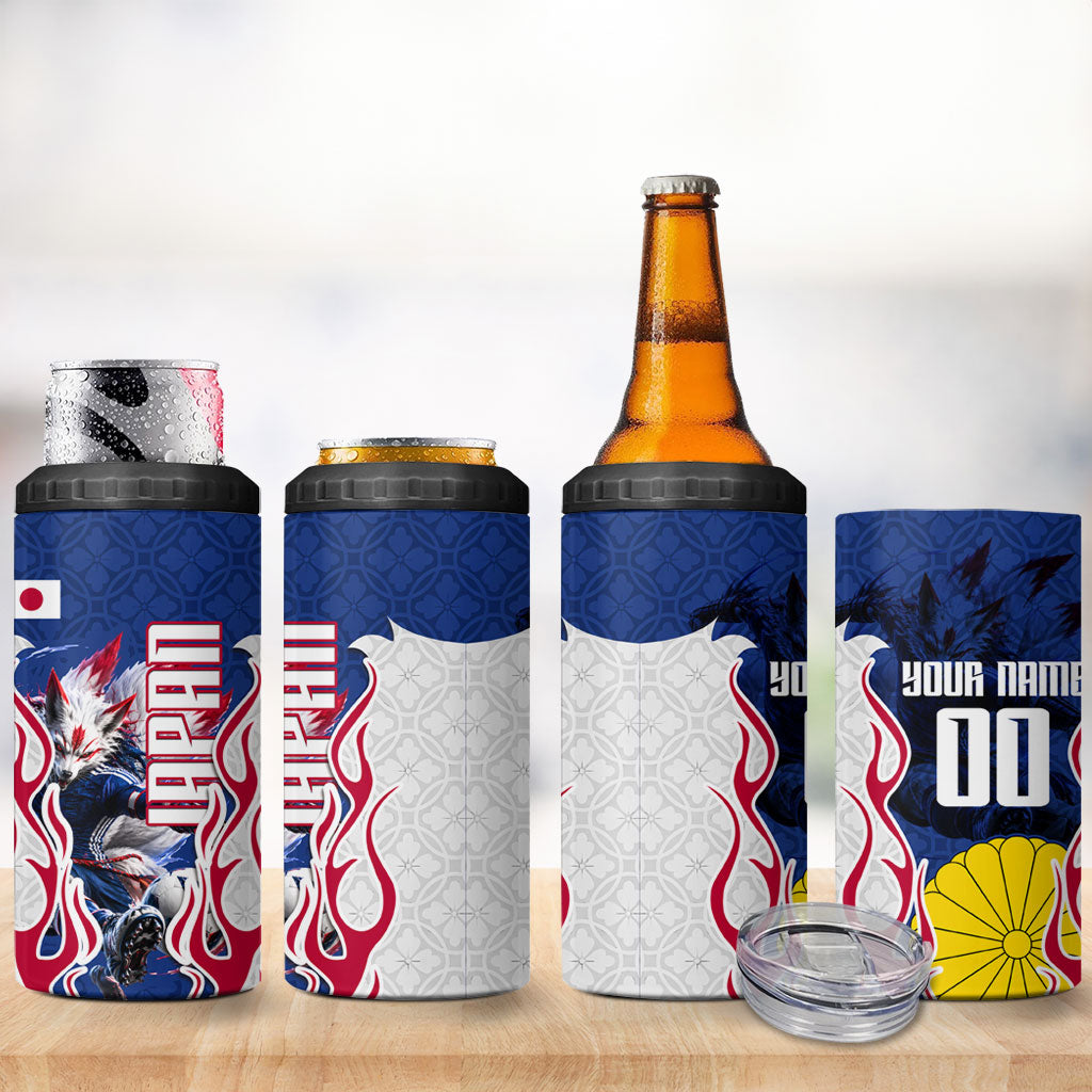 Personalized Japan Football Kitsune Mascot 4 in 1 Can Cooler Tumbler Samurai Blue Chrysanthemum Flame
