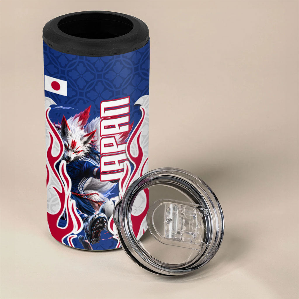 Personalized Japan Football Kitsune Mascot 4 in 1 Can Cooler Tumbler Samurai Blue Chrysanthemum Flame