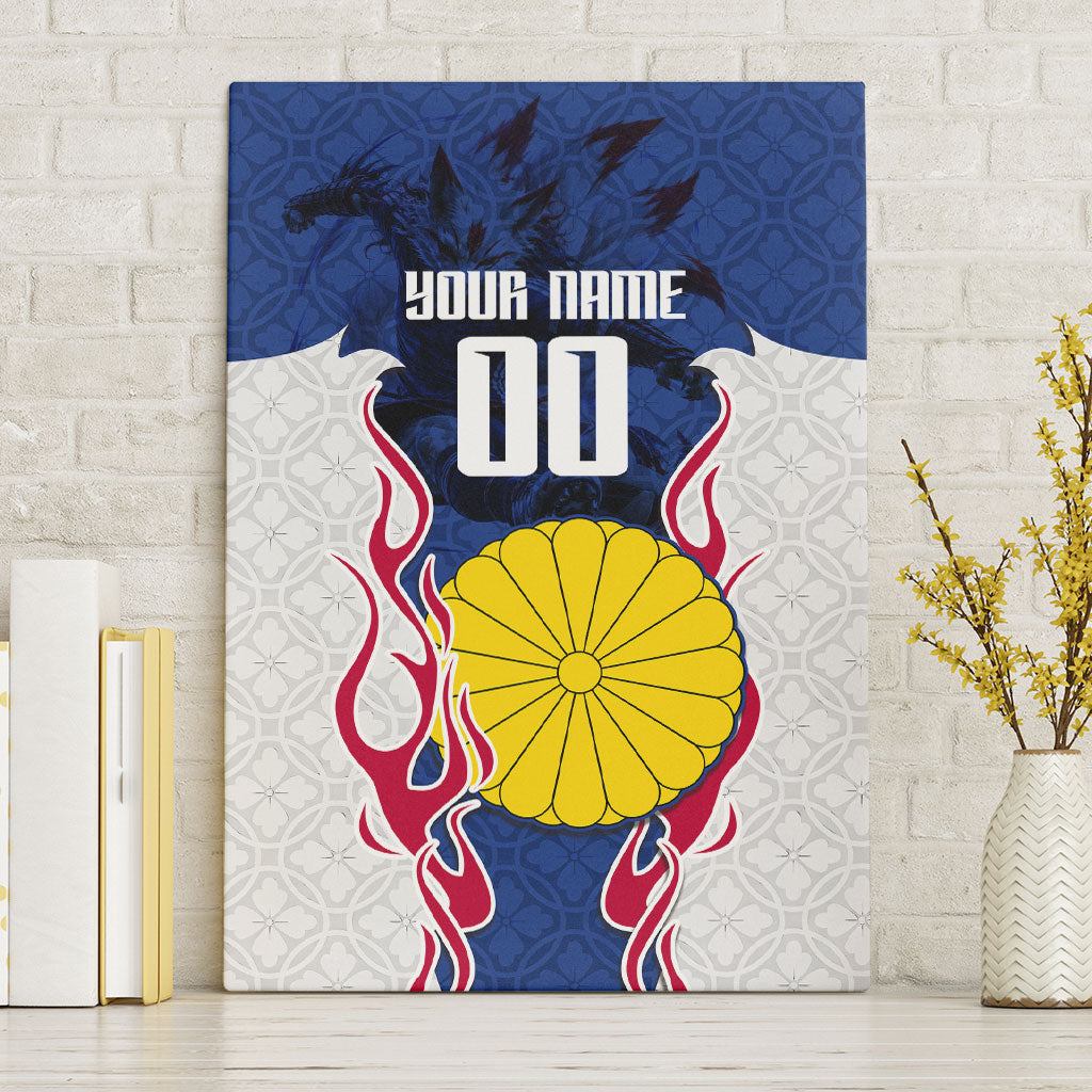 Personalized Japan Football Kitsune Mascot Canvas Wall Art Samurai Blue Chrysanthemum Flame