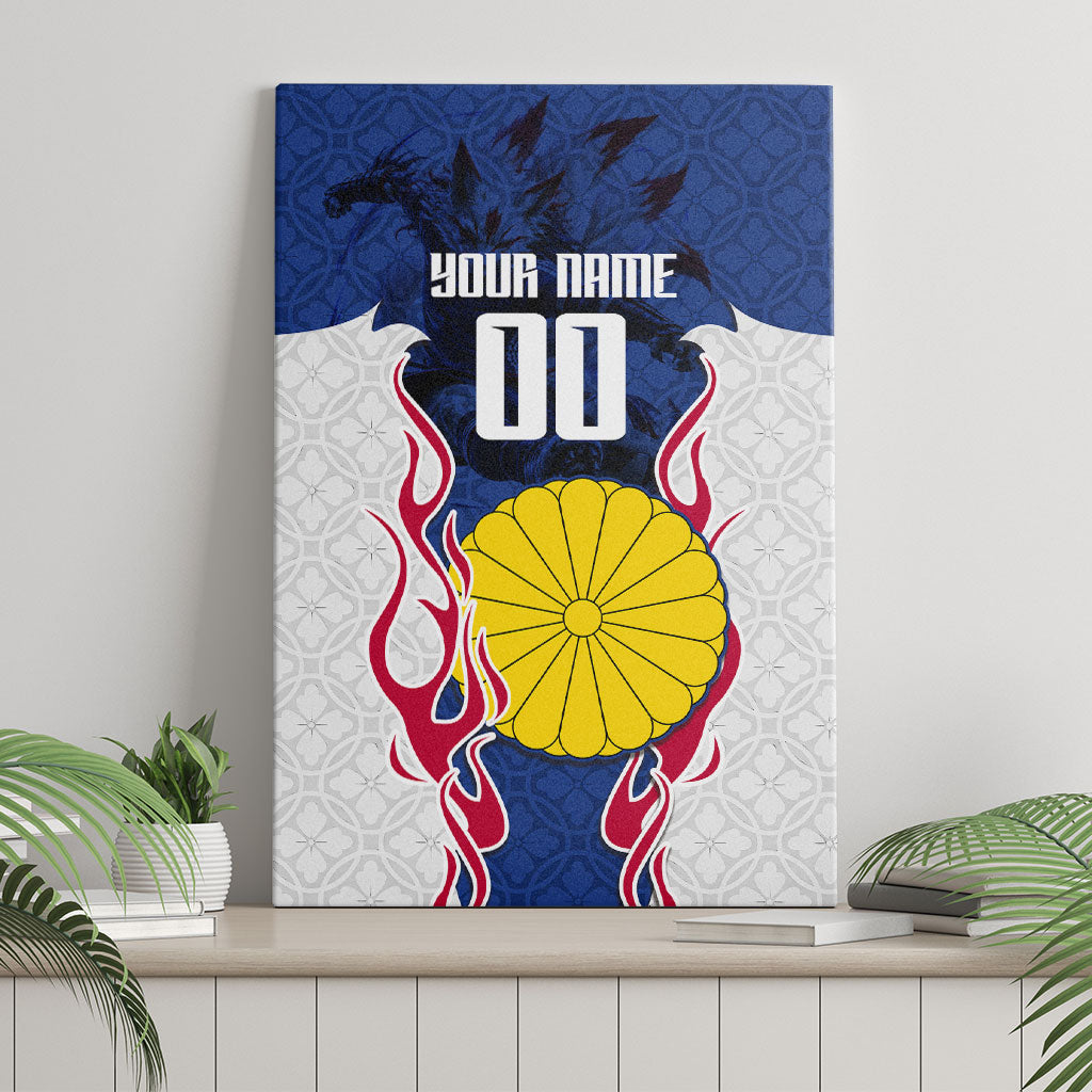 Personalized Japan Football Kitsune Mascot Canvas Wall Art Samurai Blue Chrysanthemum Flame